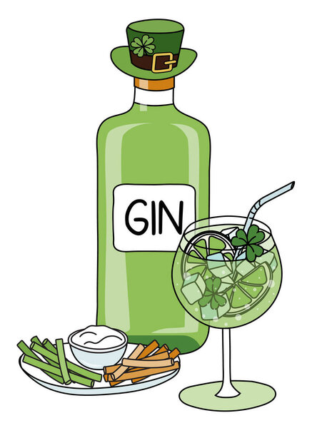 Saint Patricks Day composition with green Gin in a bottle, tonic cocktail with lime and shamrock clover decoration, Irish flag looking carrot and celery stick appetizer. Doodle cartoon style.