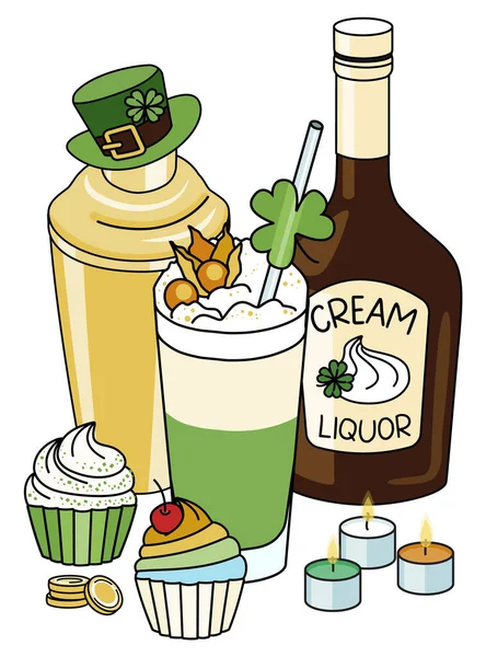 Saint Patricks Day Zoete Cocktail Compositie Met Regenboog Cupcake Dessert — Stockvector