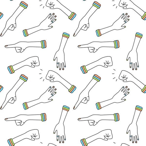 Vários gestos de mão desenho animado doodle estilo padrão sem costura. Bater a mão, empurrar a palma da mão e apontar o dedo —  Vetores de Stock