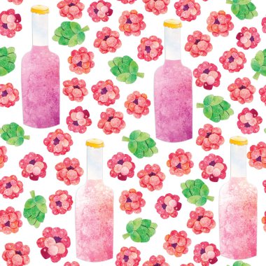 Elle çizilmiş suluboya kağıt kesimi ahududu meyveli, dikişsiz bira kalıbı. Şirin Kawaii çocuk tarzında meyveler, şişeler ve zıplama külahları. Kartlar, duvar kağıtları veya tekstil için iyidir..