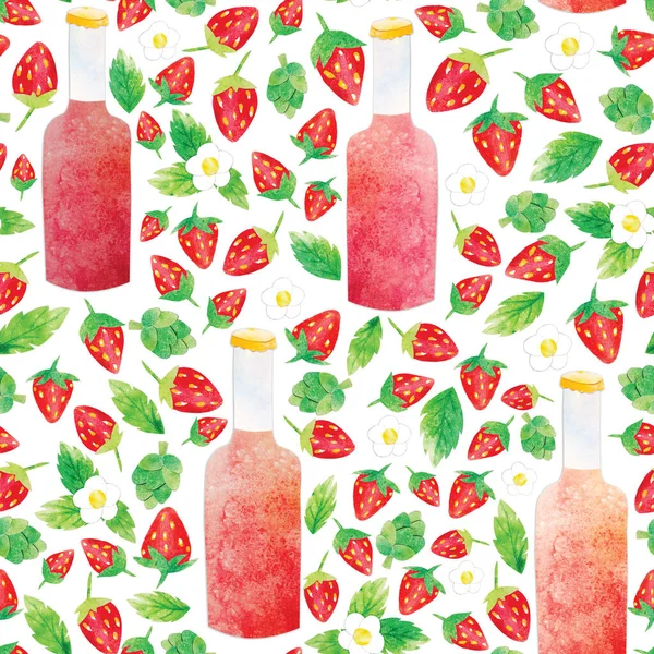 Hand-drawn watercolor papercut strawberry fruit craft beer seamless pattern. Berries, leaves and flowers, bottle and hop cones on cute kidcore style background. Good for cards, wallpaper or textile