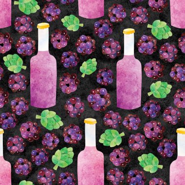 Elle çizilmiş suluboya kağıt kesimi böğürtlenli meyve, dikişsiz bira kalıbı. Şirin Kawaii çocuk tarzında meyveler, şişeler ve zıplama külahları. Kartlar, duvar kağıtları veya tekstil için iyidir..