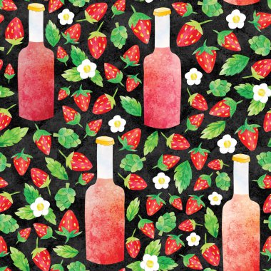 Elle çizilmiş suluboya kağıt kesimi çilekli meyve, dikişsiz bira kalıbı. Böğürtlen, yaprak, çiçek, şişe ve zıplama külahları şirin çocuk tarzında. Kartlar, duvar kağıtları veya tekstil için iyidir.