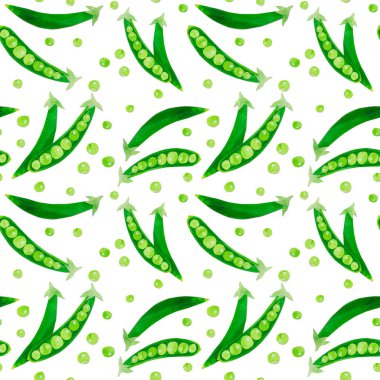 Hand-drawn watercolor papercut green peas seamless pattern. Bright cute kawaii kidcore style illustration, good for farmers market, supermarket products design, stickers or postcards.