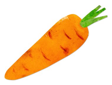 Hand-drawn watercolor papercut orange carrots. Bright cute kawaii kidcore style illustration, good for farmers market, supermarket products design, stickers or postcards.