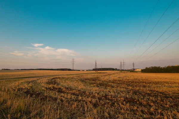 Harvested fields with cut straw and electivity power line columns in summer warm sunset light