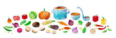 Hand-drawn watercolor vegetable soup collection set. Ingredients such as carrot, beetroot, cabbage and chili. Cute kidcore illustration, for farmers market, products design, stickers or postcards
