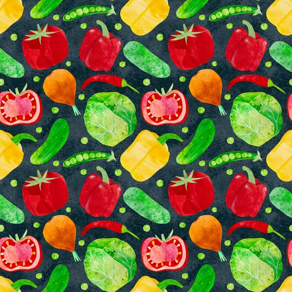 Hand-drawn watercolor vegetable salad seamless pattern. Ingredients such as carrot, beetroot, cabbage and chili. Cute kidcore illustration, for farmers market, products design, stickers or postcards.