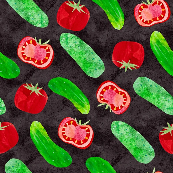 Hand Drawn Watercolor Tomato Cucumber Salad Seamless Pattern Bright Cute — Foto Stock