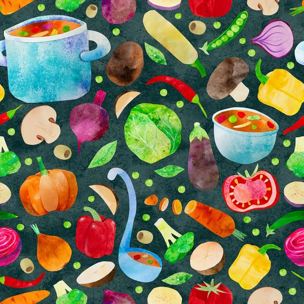 Hand-drawn watercolor vegetable soup seamless pattern. Ingredients such as carrot, beetroot, cabbage and chili. Cute kidcore illustration, for farmers market, products design, stickers or postcards.