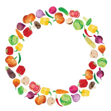 Hand-drawn watercolor vegetable ring frame border. Ingredients such as carrot, beetroot, cabbage and chili. Cute kidcore illustration, for farmers market, products design, stickers or postcards.