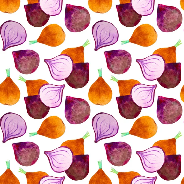 Hand-drawn watercolor onion seamless pattern. Bright cute kawaii kidcore style illustration, good for farmers market, supermarket products design, stickers or postcards