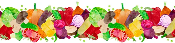 Hand-drawn watercolor vegetables seamless line border ornament. Ingredients such as carrot, beetroot, cabbage and chili. Cute illustration, for farmers market, products design, stickers or postcards.