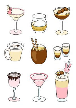A4 poster collection set of Easter special yellow pink cocktails such as Margarita, Old Fashioned, Pink Martini and other. Sugar bunny and sweet chocolate decor. Doodle cartoon style illustration