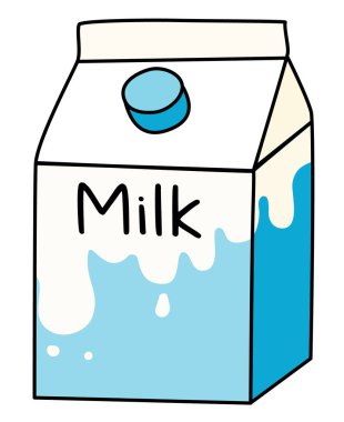 Doodle cartoon style box pack of milk. Natural healthy diary product, cocktail ingredient. For card, stickers, posters, bar menu or cook book recipe.