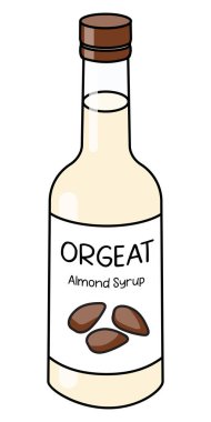 Doodle cartoon orgeat almond syrup in a bottle. Sweet sugar cocktail ingredient. For card, stickers, posters, bar menu or cook book recipe