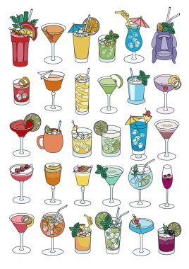 A4 poster size collection set of bar cocktails in rainbow LGBT colors gradient. For gay bar diversity pride party invitations, cards or stickers. Doodle cartoon style illustration on white background.