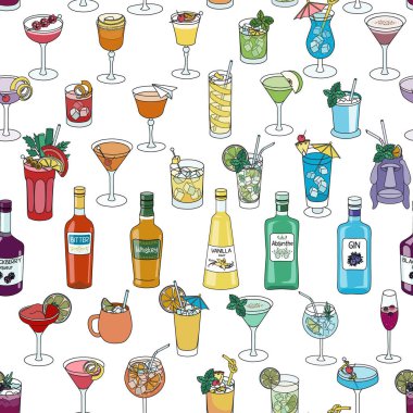 Seamless pattern with bar liquor bottles and cocktails in rainbow LGBT colors. For gay bar diversity pride party invitations, cards or stickers. Doodle cartoon style illustration on white background.