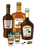 Dvojice střelce hořící B52 koktejly a smetanový likér, kávový likér a přísady Triple Sec. Doodle kreslený hipster styl ilustrace. Pro barové menu, samolepky nebo recept na knihu s alkoholem