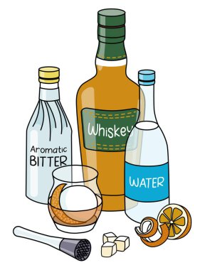 Doodle cartoon Old Fashioned cocktail and ingredients composition. Bottles of whiskey and still water, orange fruit, sugar cubes and muddler bar tool. For menu, stickers or alcohol cook book recipe