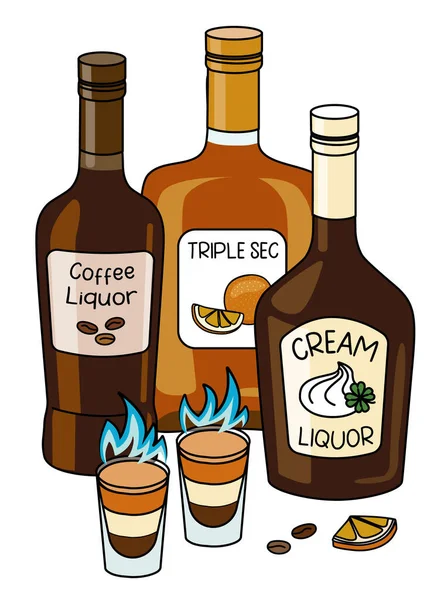 Pair Shot Shooter Burning B52 Cocktails Cream Liquor Coffee Liqueur — Image vectorielle