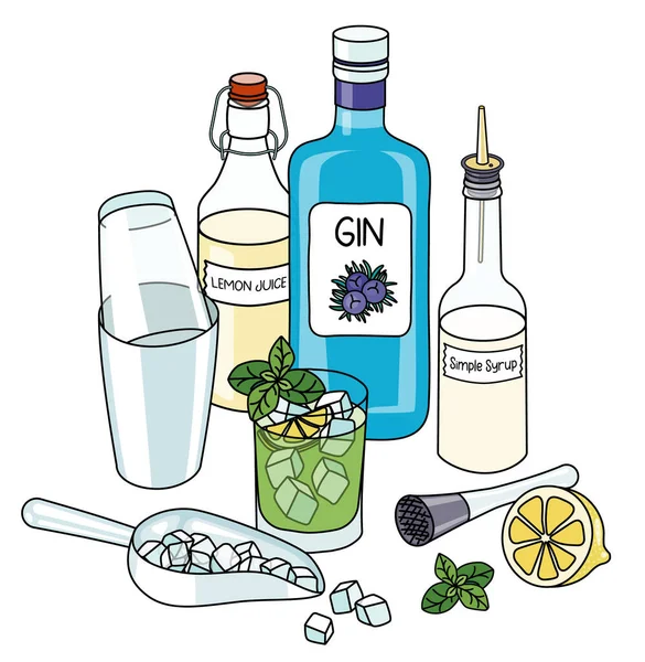 Doodle Cartoon Gin Basil Smash Cocktail Ingredients Composition Bottle Gin — Image vectorielle