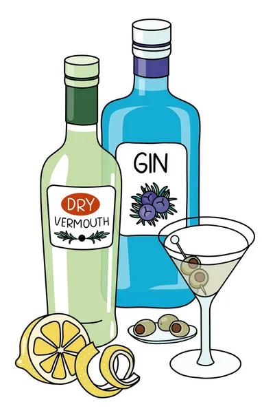 Doodle Cartoon Dry Martini Cocktail Ingredients Composition Bottle Gin Dry — стоковый вектор