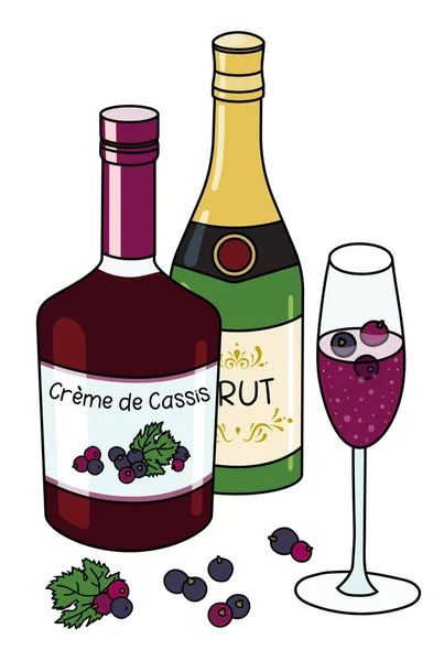 Doodle Cartoon Kir Royal Cocktail Ingredients Composition Bottle Brut Sparkling — Stockvektor