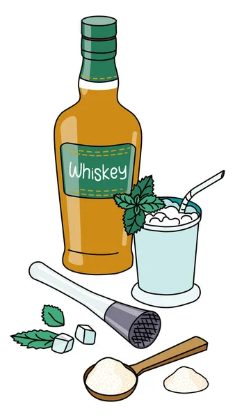 Doodle Cartoon Mint Julep Cocktail Ingredients Composition Bottle Whiskey Mint — Wektor stockowy