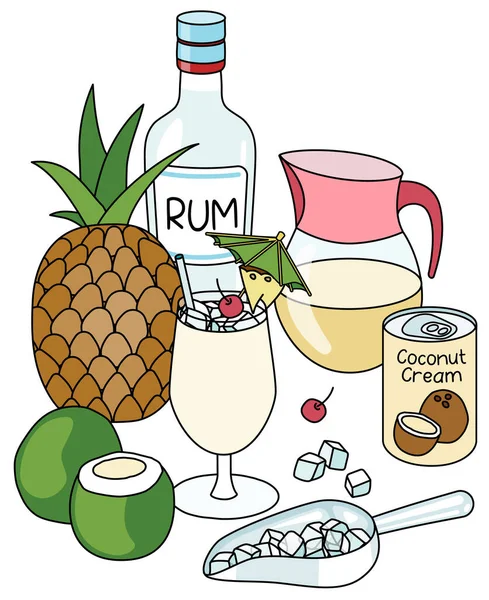 Doodle Cartoon Caribbean Pina Ingredients Composition Bottle White Rum Fresh — стоковый вектор