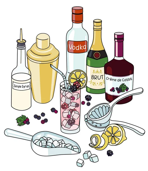 Doodle Cartoon Russian Spring Punch Ingredients Composition Bottle Vodka Blackberry — Image vectorielle