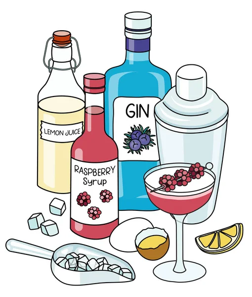 Doodle Cartoon Clover Club Cocktail Ingredients Composition Bottle Gin Raspberry — Image vectorielle