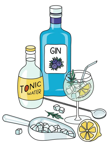 Doodle Cartoon Gin Tonic Cocktail Ingredients Composition Bottle Gin Tonic — Vetor de Stock