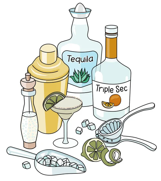 Doodle Cartoon Margarita Cocktail Ingredients Composition Bottle Silver Tequila Triple — стоковый вектор