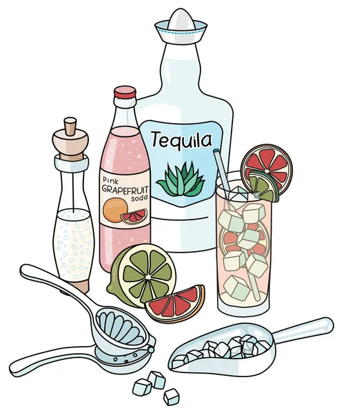 Doodle Cartoon Paloma Cocktail Ingredients Composition Bottle Silver Tequila Pink — Image vectorielle