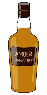 Amber Jamaica rum in the bottle. Doodle cartoon hipster style vector illustration isolated on white background. Good for party card, posters, bar menu or alcohol cook book recipe