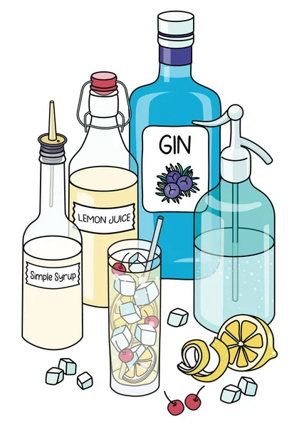 Doodle Cartoon John Collins Cocktail Ingredients Composition Bottle Gin Siphon — Image vectorielle