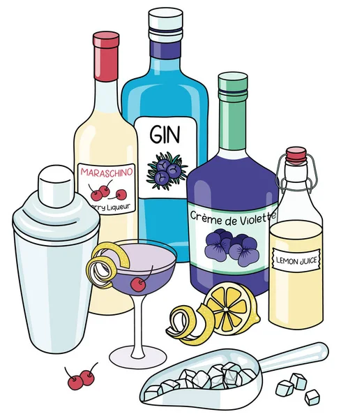 Doodle Cartoon Aviation Cocktail Ingredients Composition Bottle Gin Creme Violette — Image vectorielle