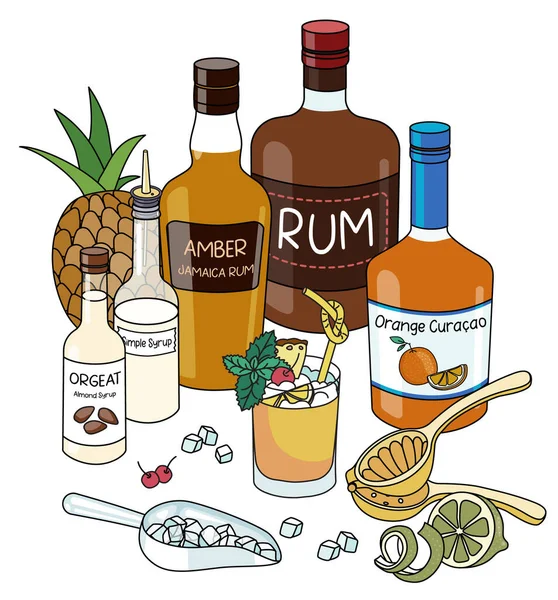 Doodle Cartoon Mai Tai Cocktail Ingredients Composition Two Types Rum — Image vectorielle