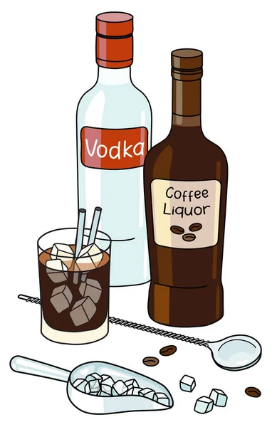Doodle Cartoon Black Russian Cocktail Ingredients Composition Bottles Vodka Coffee — Image vectorielle