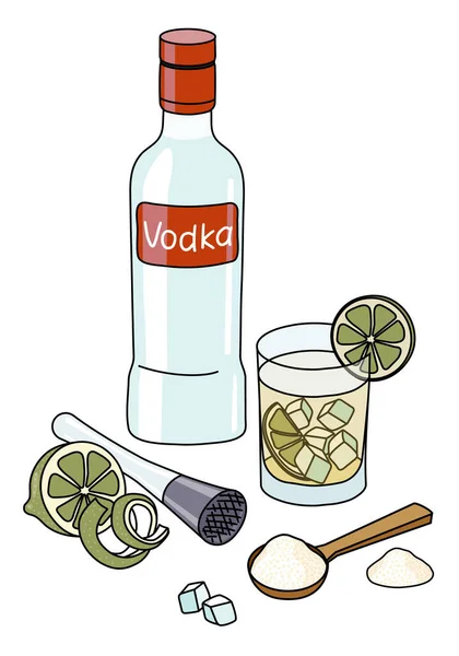 Stylish Hand Drawn Doodle Cartoon Style Caipiroska Cocktail Composition Bottle — Image vectorielle