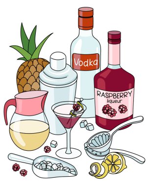 Stylish hand-drawn doodle cartoon style French Martini cocktail composition. A bottle of vodka and raspberry liquor, pineapple juice and shaker. Good for bar menu, cook book recipe, stickers or cards