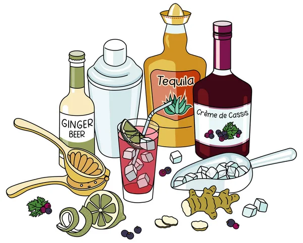 Stylish Hand Drawn Doodle Cartoon Style Diablo Cocktail Composition Bottle — Image vectorielle