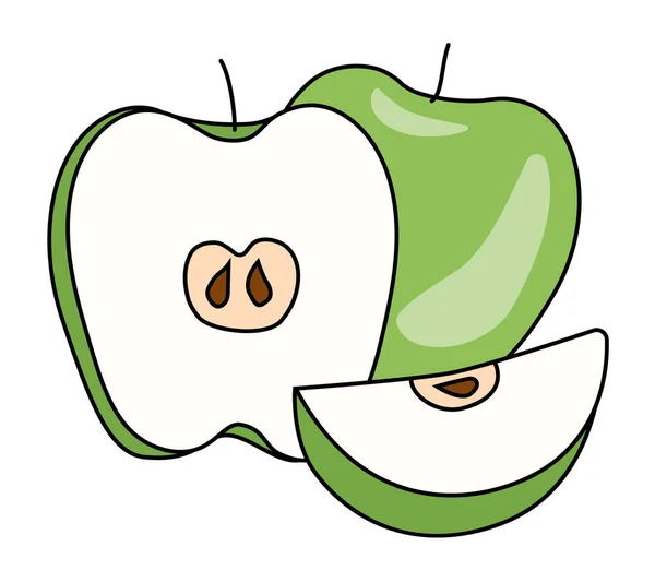 Doodle Cartoon Whole Half Slice Green Apple Fruit Menu Farmers — Wektor stockowy