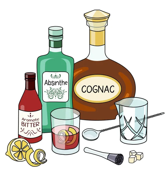 Stylish Hand Drawn Doodle Cartoon Style Sazerac Cocktail Composition Bottle — Image vectorielle