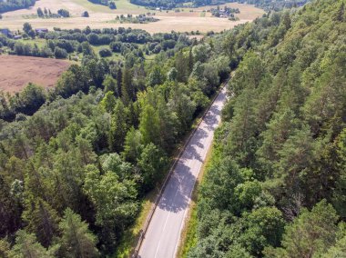 Orman ve tarım alanlarının yakınındaki otobanın insansız hava aracı fotoğrafçılığı. Fotoğraf sıcak ve bulutlu bir yaz gününde çekildi..