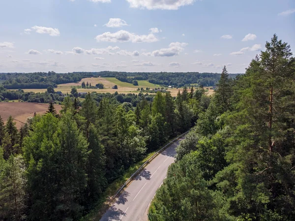Orman ve tarım alanlarının yakınındaki otobanın insansız hava aracı fotoğrafçılığı. Fotoğraf sıcak ve bulutlu bir yaz gününde çekildi..