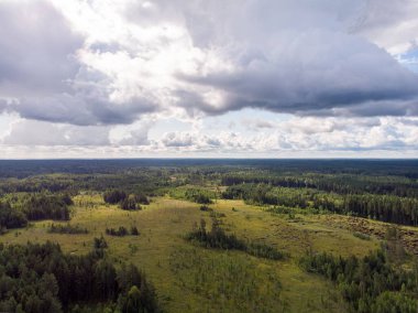 Gerçek bir drone kuş bakışı doğal kırsal manzaranın uçuşu görüntüsü. Fotoğraf sıcak ve bulutlu bir yaz gününde çekildi..