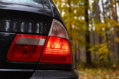 Arka taraf BMW E46 kırmızı araba ışıklarını kapatın. Fotoğraf, arka planda sonbahar renkleri olan bulutlu bir sonbahar gününde çekildi.