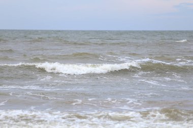Baltık kıyısında küçük dalgalar oluşuyor. Fotoğraf, sonbahar bulutlu bir günde çekildi..